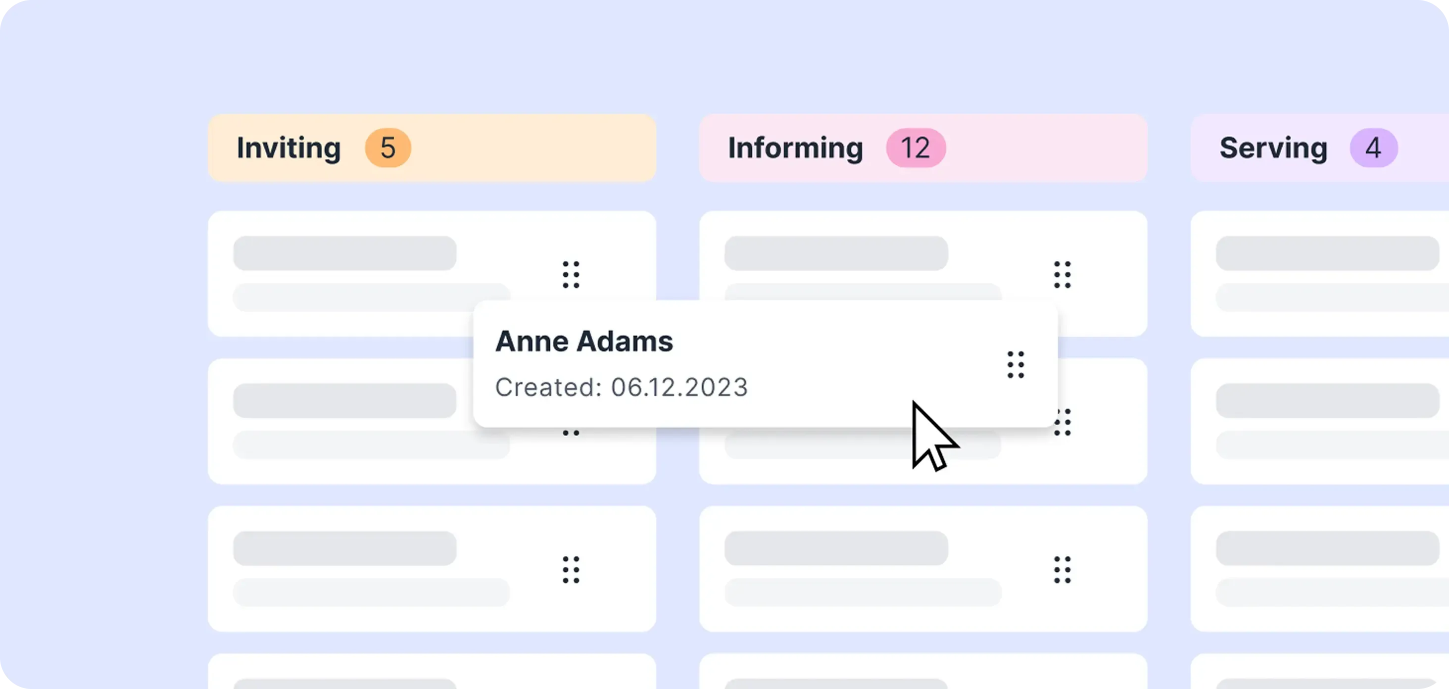 Network marketing pipeline board with Inviting, Informing and Serving stages and a contact card being dragged between them