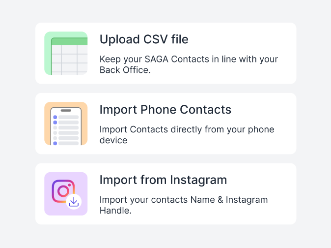 Smart import options in network marketing software: upload a CSV file, import phone contacts or import from Instagram