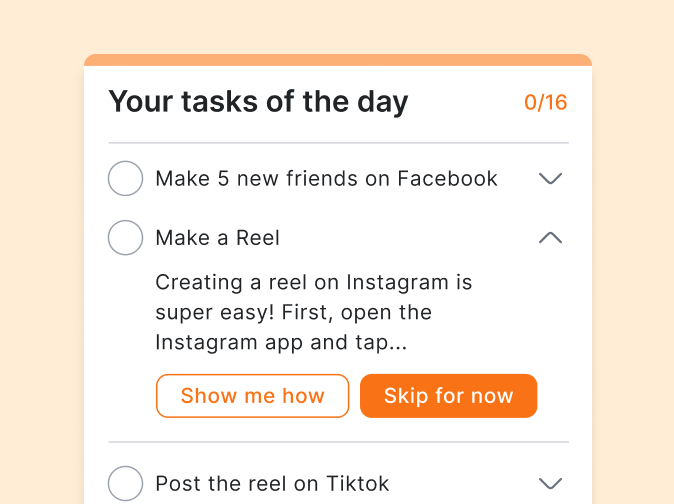 Daily Method of Operation checklist in a Skool alternative, with tasks like make five new friends on Facebook and make a reel
