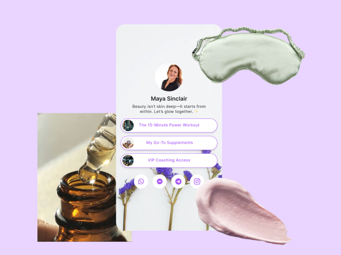 Linkmate link-in-bio page in a Skool alternative with product links and WhatsApp, Messenger, Telegram and Instagram buttons