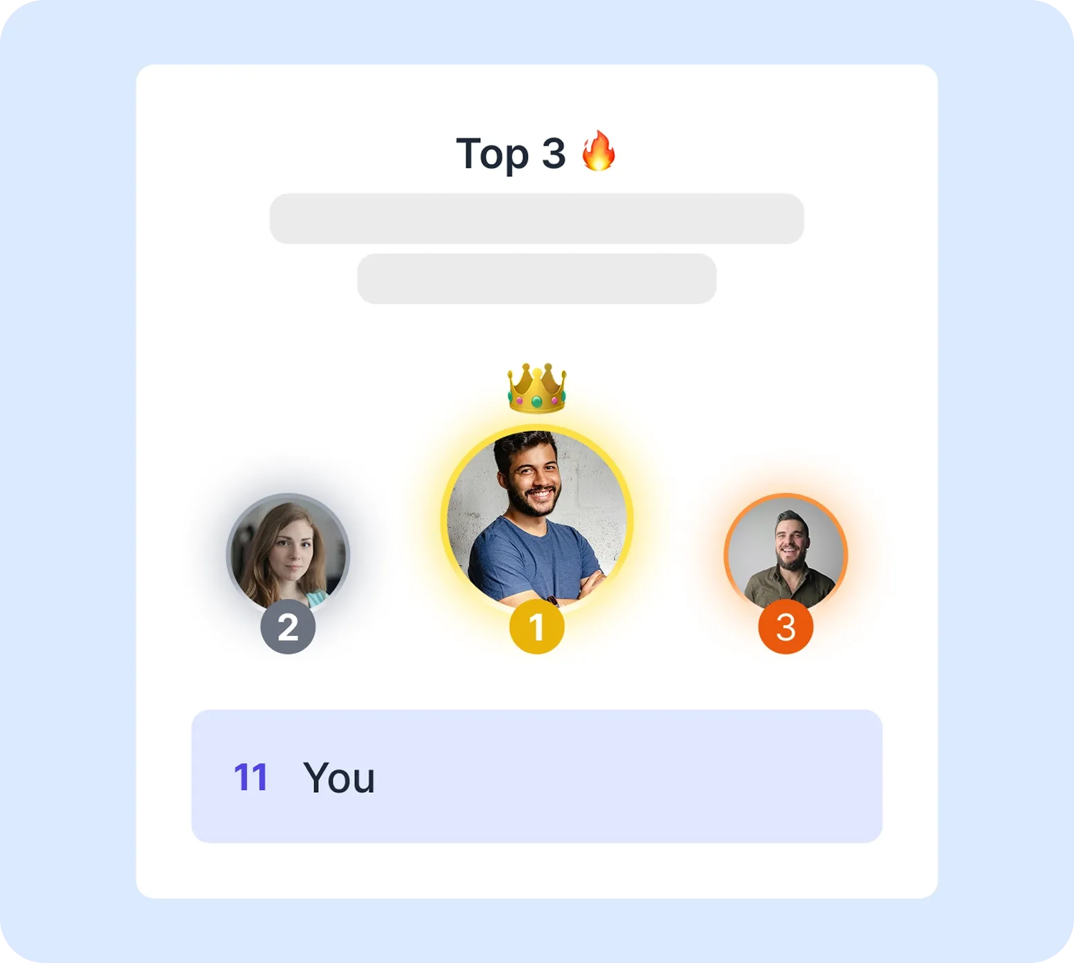 Network marketing team leaderboard showing the top 3 members with a crown and your own rank below